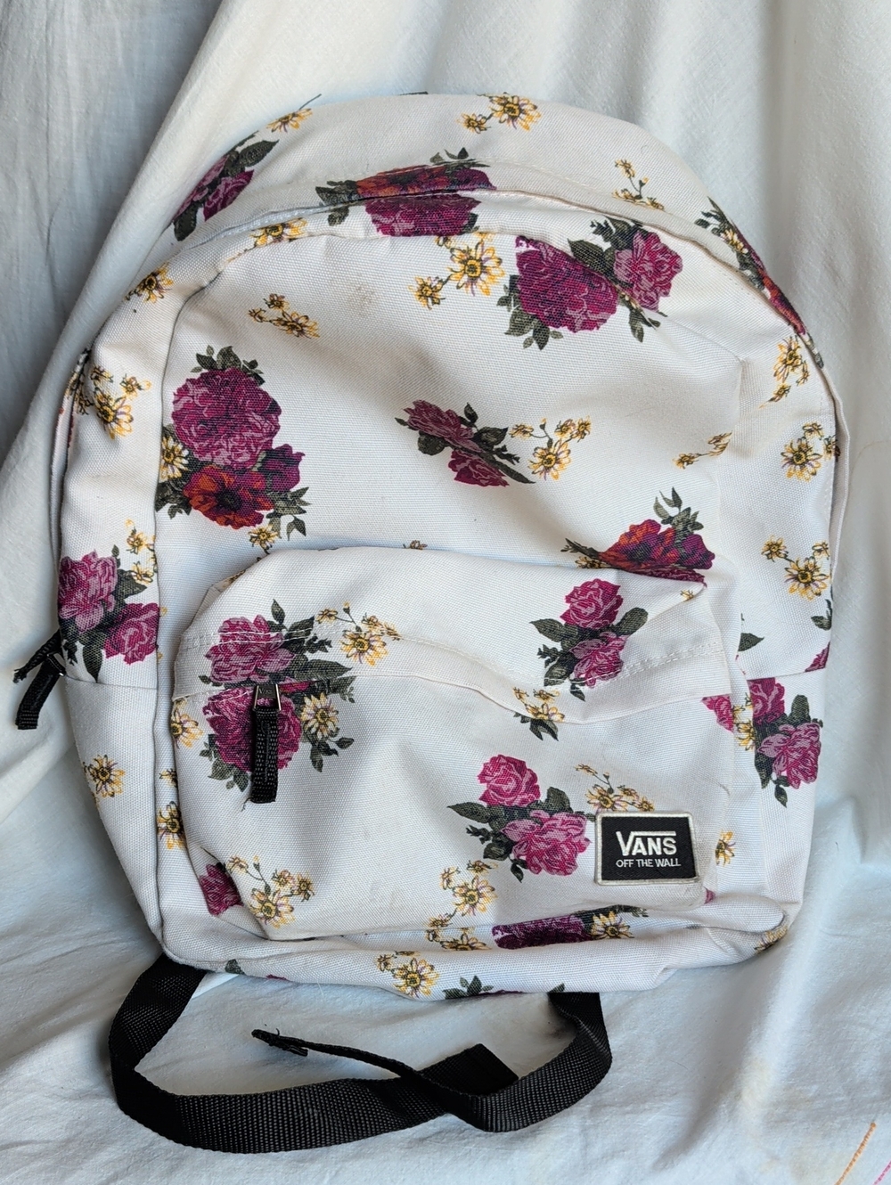 Vans White Backpack with Pink Rose Floral Print Back To School And Adventures